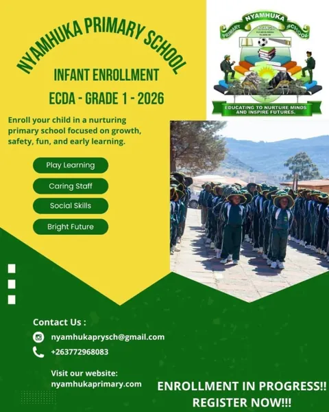 The school's enrolment poster: ECD A to Grade 1, play learning, caring staff, social skills, bright future